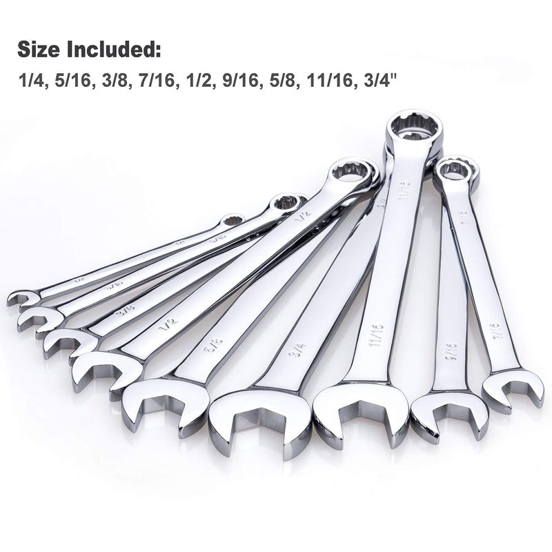 EFFICERE Max Torque 9-Piece Premium Combination Wrench Set, Standard Inch Sizes from 1/4â€ to 3/4â€ with Rack Organizer | Chrome Vanadium Steel, Long Pattern Design, Mirror Chrome Finish, Open and Box Ends - Image 2